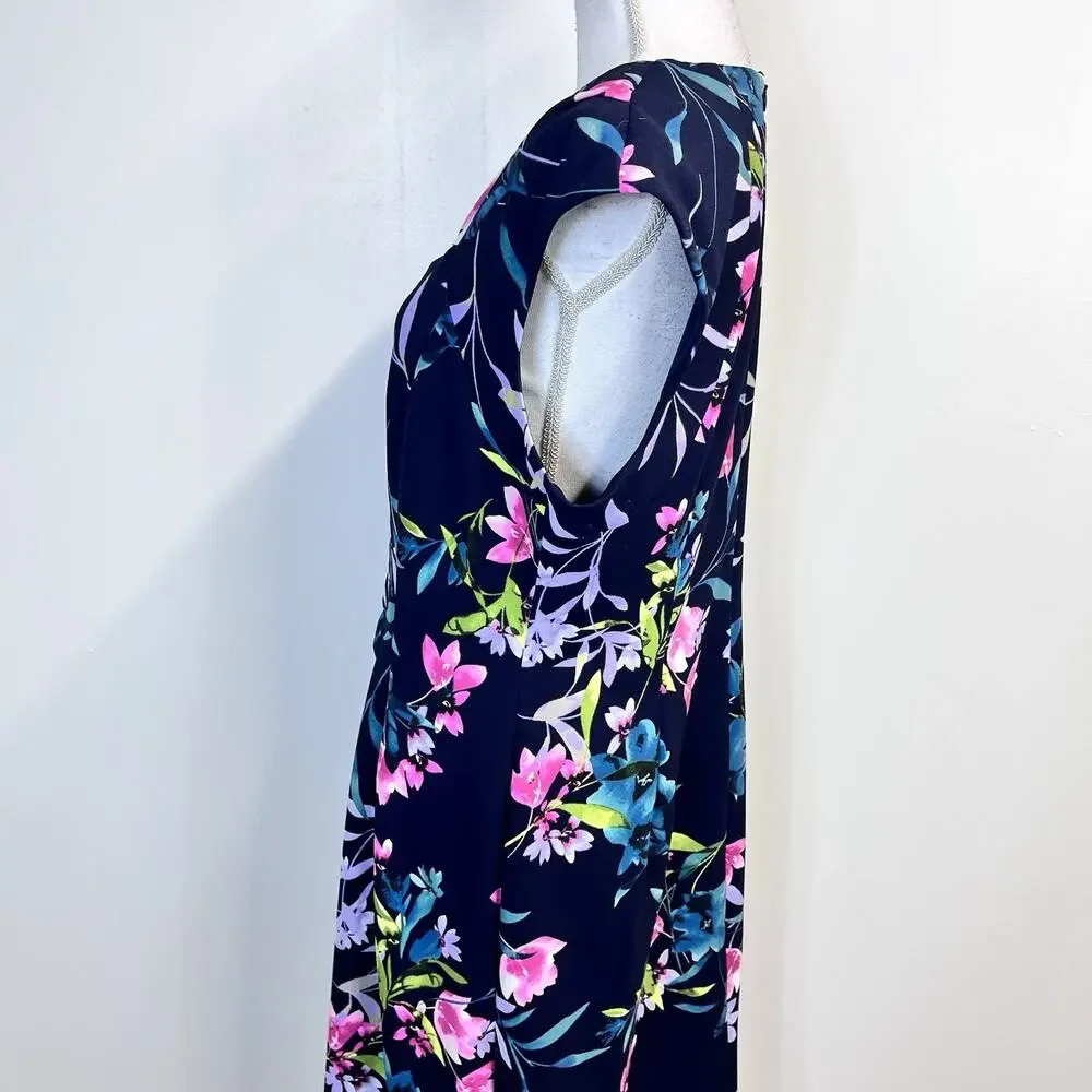 Connect Apparel Dress size 14 Navy Blue Pink Floral Stretch Knee Wedding Church - Picture 7 of 10